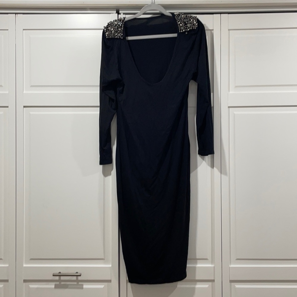 ASOS curve plus size women’s bodycon dress with shoulder bead detail.